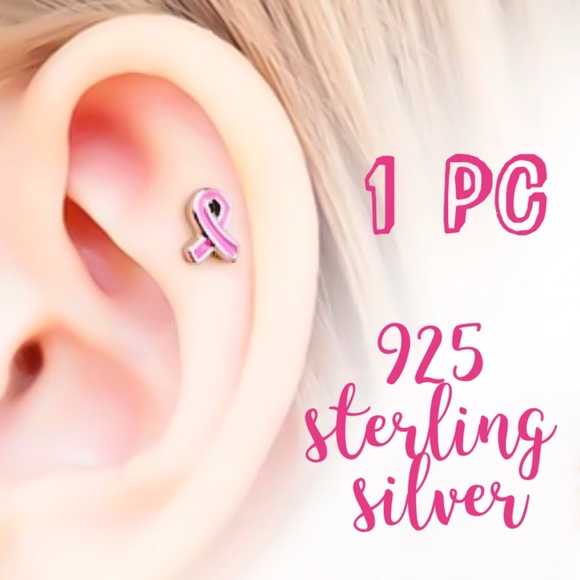 1PC 925 Sterling Silver Breast Cancer Awareness Pink Ribbon Helix Stud Earring - Picture 3 of 12